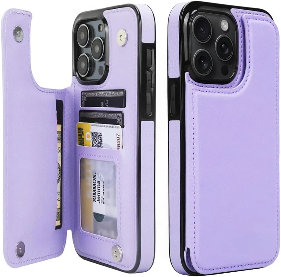 iPhone 15 Plus Wallet Case Card Holder Slot Folio Flip PU Leather Kickstand Double Magnetic Clasp