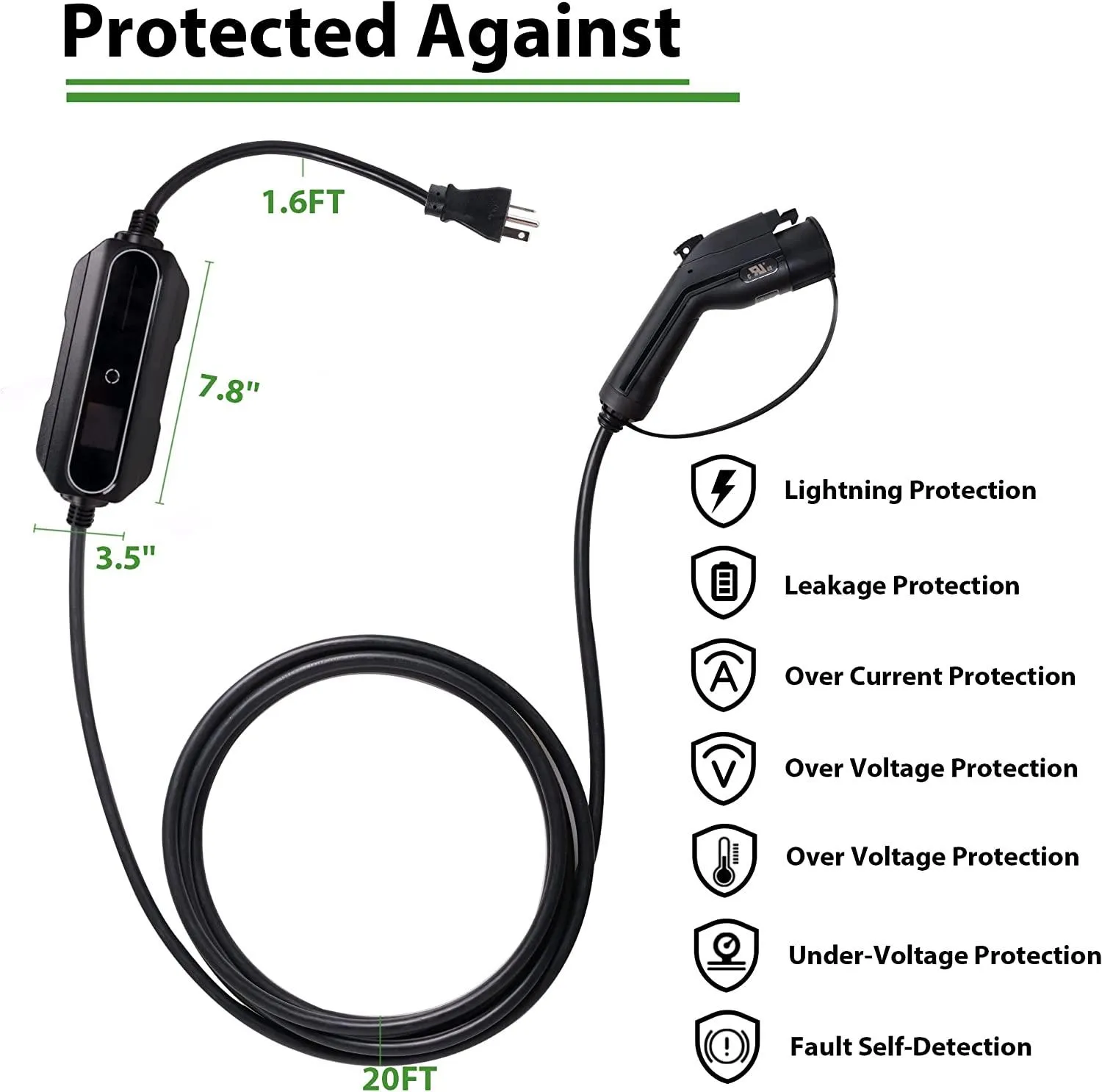 Level 1 2 EV Charger (110-240V, 16A, 21ft) NEMA 6-20 Plug Portable EVSE SAE J1772 Plug Home Electric Vehicle Charging Station