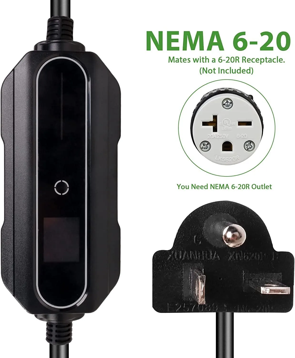 Level 1 2 EV Charger (110-240V, 16A, 21ft) NEMA 6-20 Plug Portable EVSE SAE J1772 Plug Home Electric Vehicle Charging Station