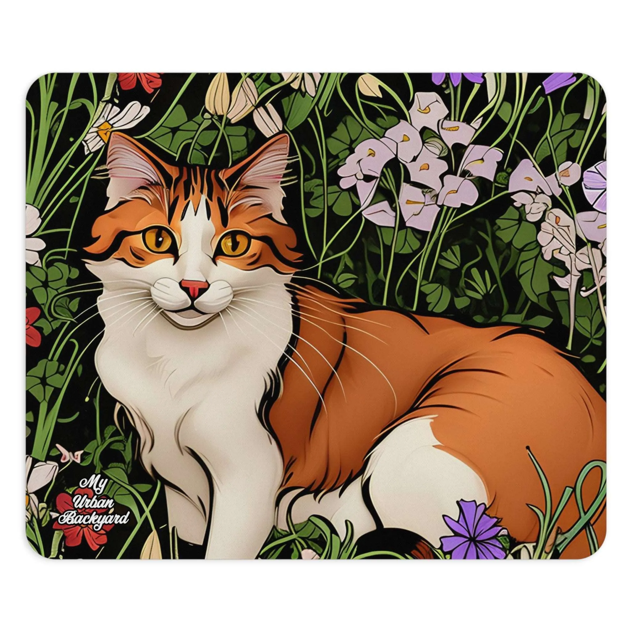 Orange and White Cat with Flowers, Computer Mouse Pad - for Home or Office