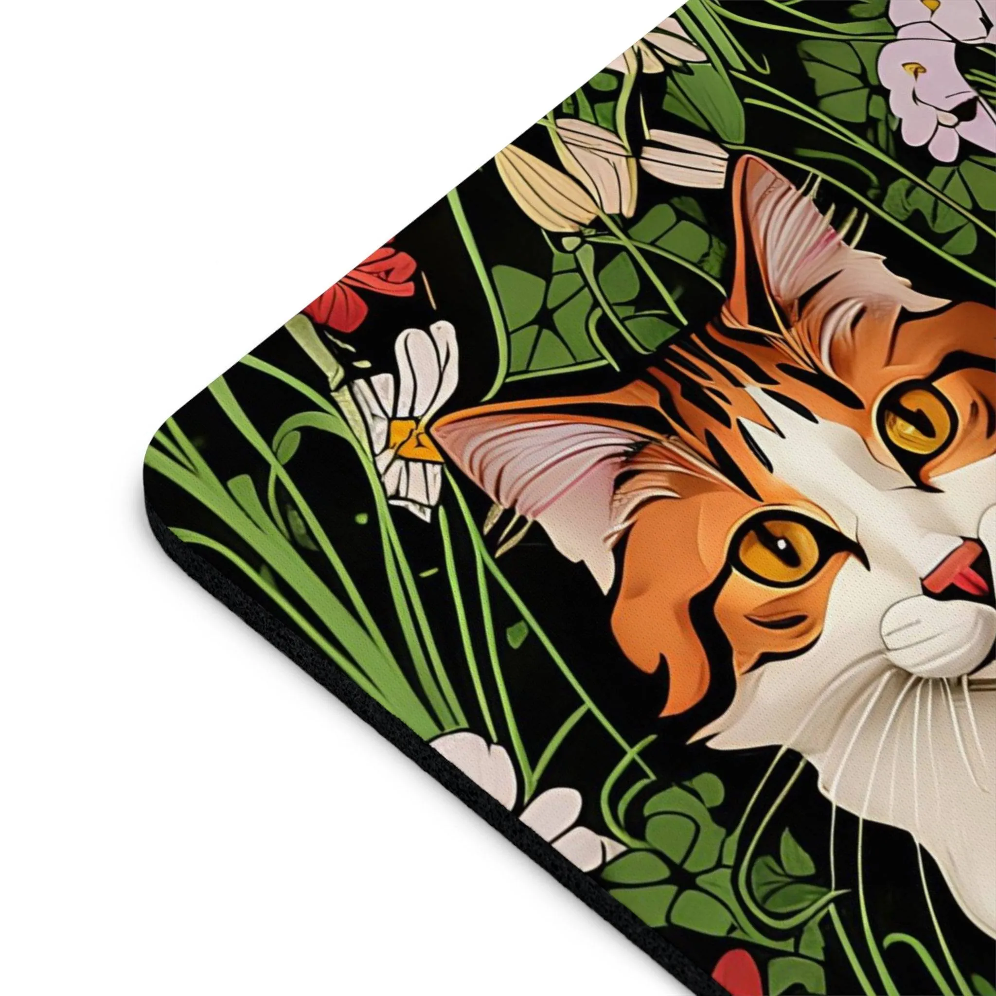 Orange and White Cat with Flowers, Computer Mouse Pad - for Home or Office