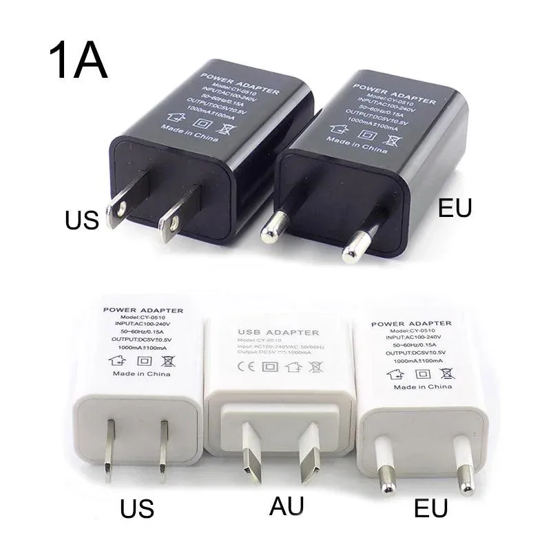 Universal Travel USB Charger Adapter - 5V 1A/2A/3A Power Supply for EU/US/AU Plugs - Compact Wall and Desktop Charging Solution in Black and White