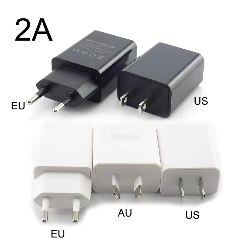 Universal Travel USB Charger Adapter - 5V 1A/2A/3A Power Supply for EU/US/AU Plugs - Compact Wall and Desktop Charging Solution in Black and White