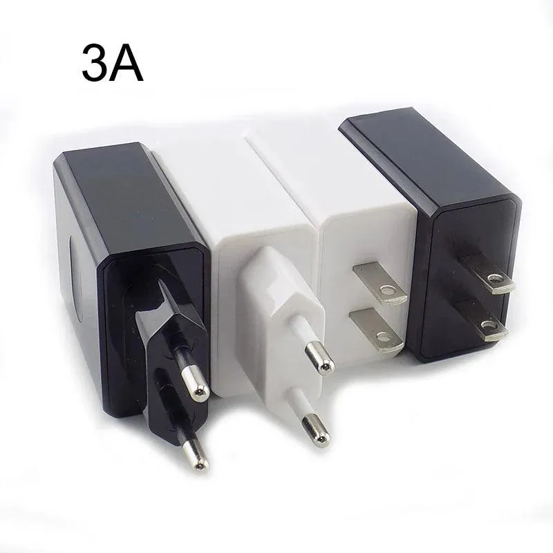 Universal Travel USB Charger Adapter - 5V 1A/2A/3A Power Supply for EU/US/AU Plugs - Compact Wall and Desktop Charging Solution in Black and White