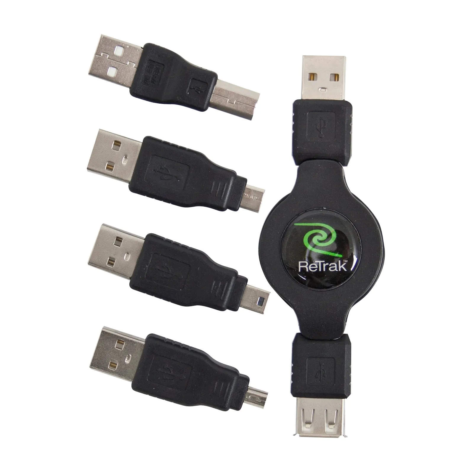 Universal USB Extension Cable | 4 Adapters - USB B, Micro 5, Mini 5, and USB A | Retractable Cable