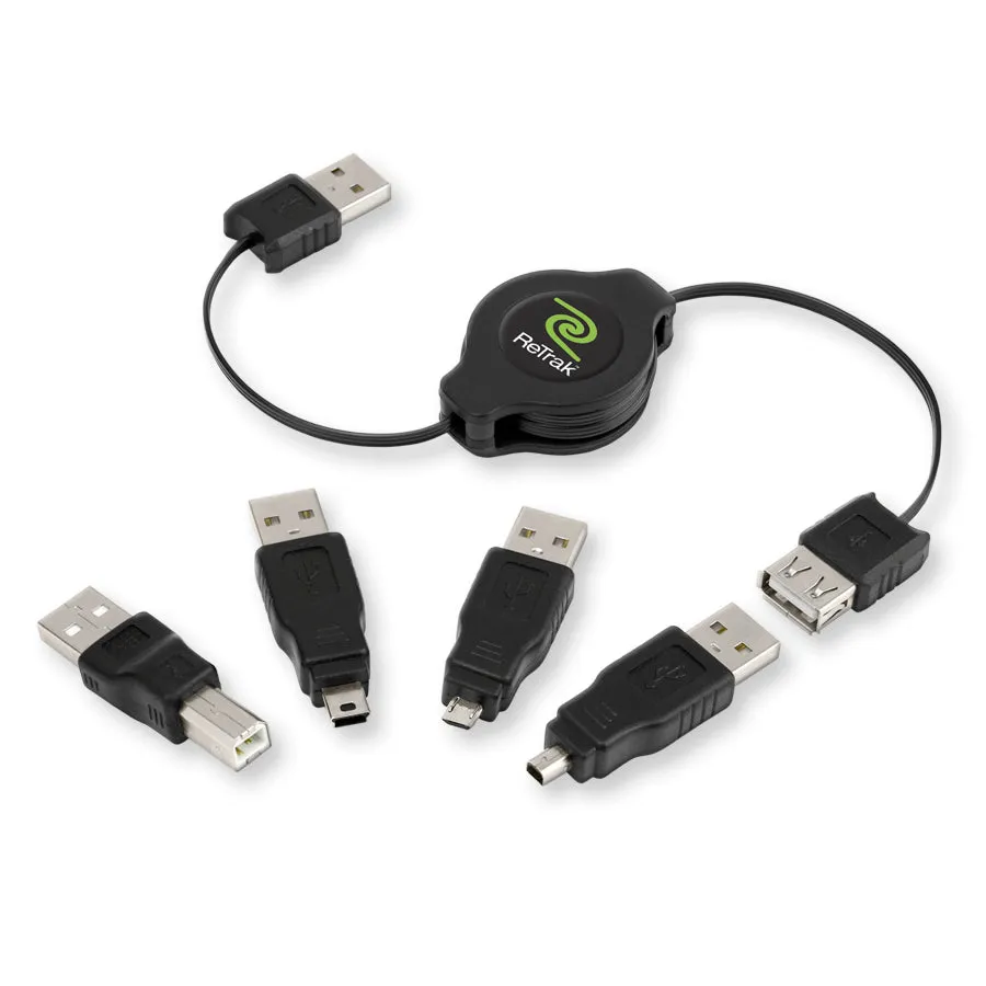 Universal USB Extension Cable | 4 Adapters - USB B, Micro 5, Mini 5, and USB A | Retractable Cable