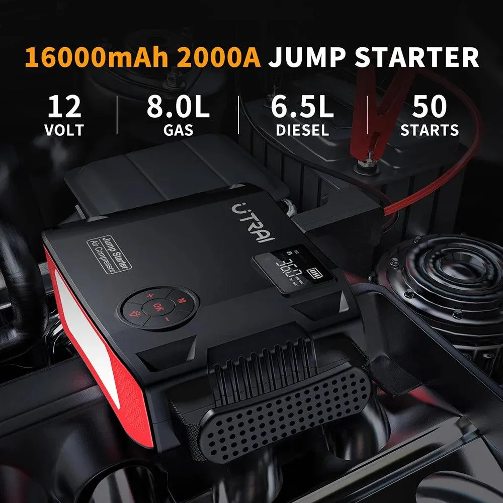 UTRAI 4-in-1 2000A Portable Jump Starter & Power Bank with 16000mAh Battery, 150PSI Air Compressor, and Tire Pump