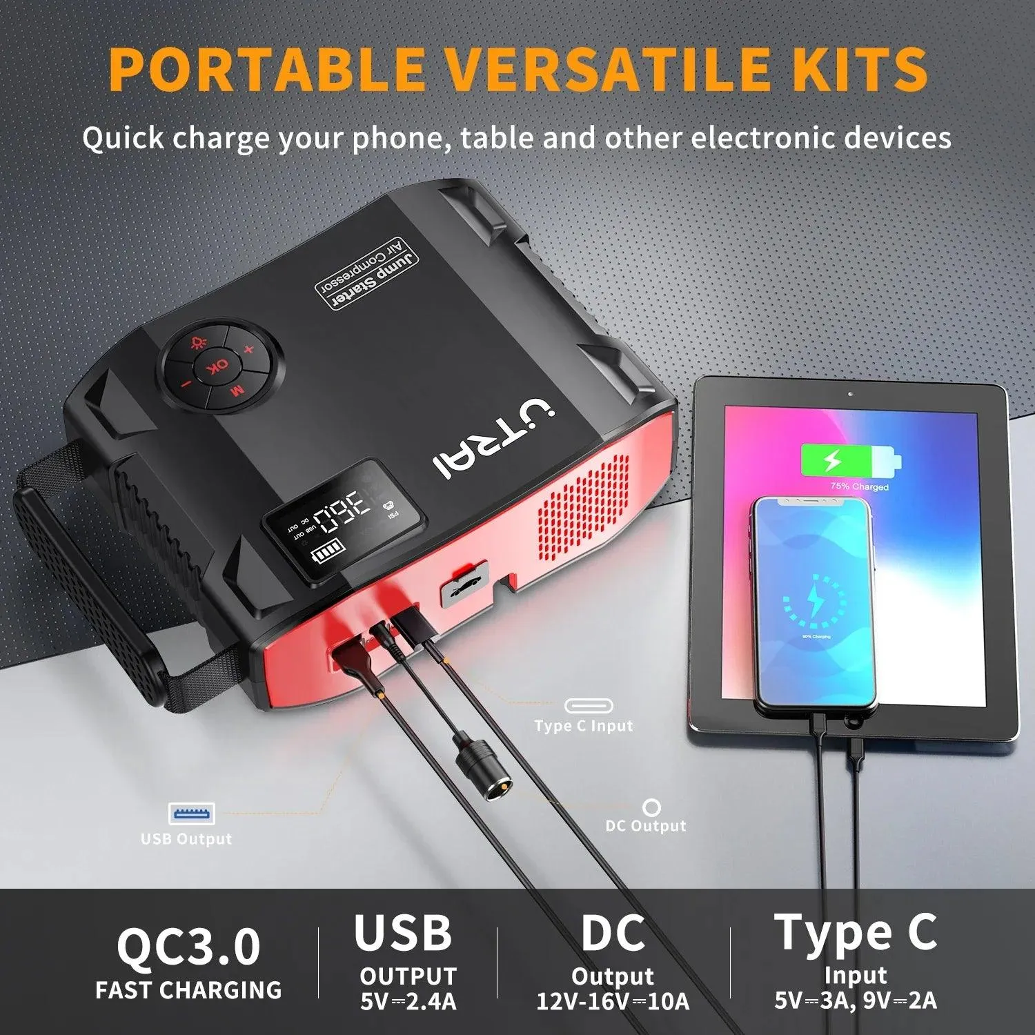 UTRAI 4-in-1 2000A Portable Jump Starter & Power Bank with 16000mAh Battery, 150PSI Air Compressor, and Tire Pump