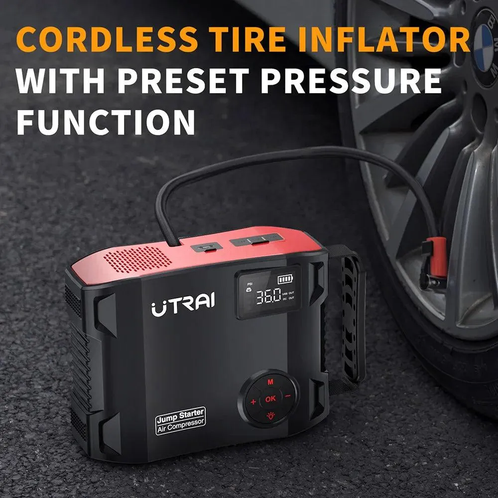 UTRAI 4-in-1 2000A Portable Jump Starter & Power Bank with 16000mAh Battery, 150PSI Air Compressor, and Tire Pump