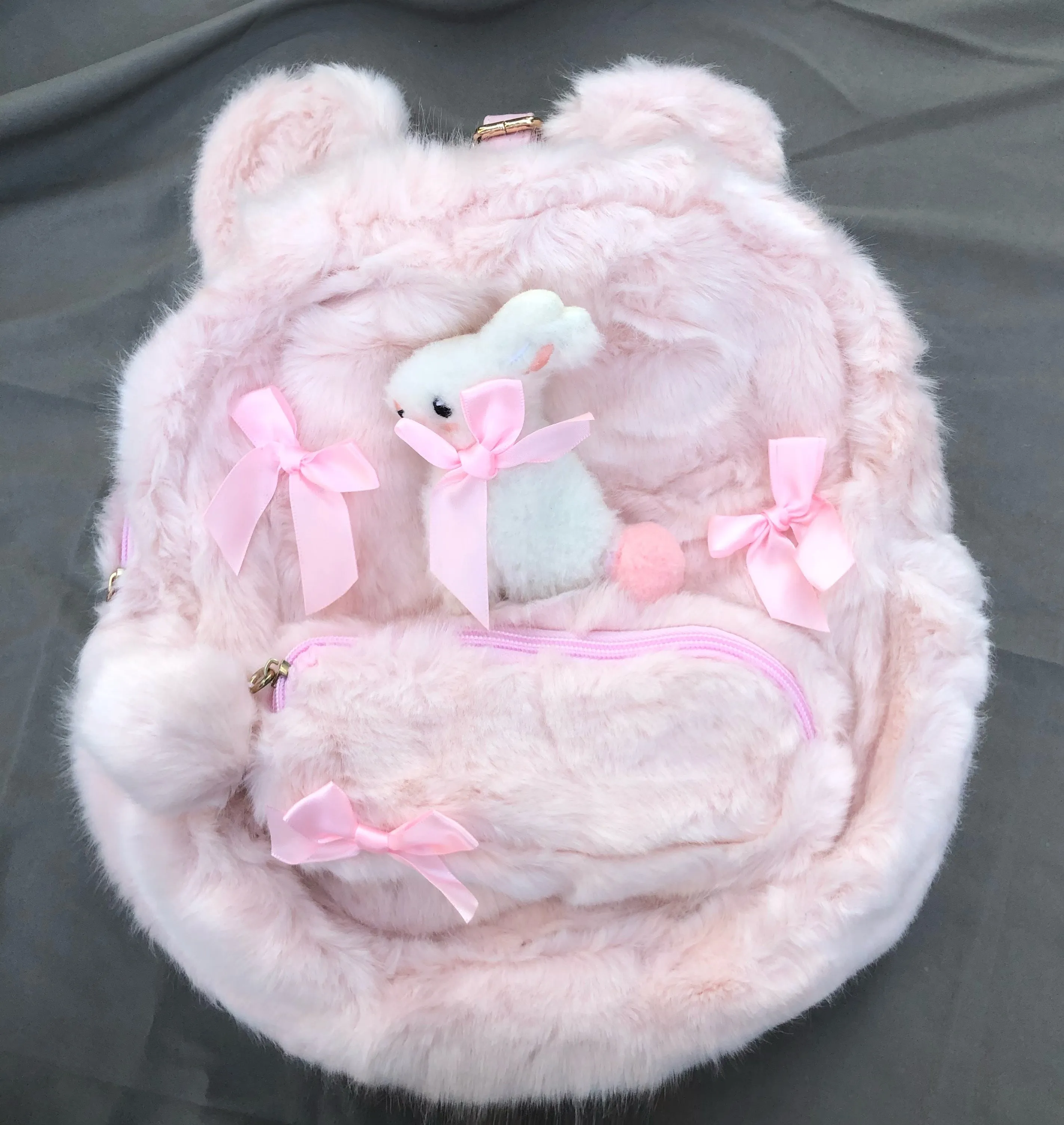 White Bunny Rabbit Doll Plush Fluff Cute Mini School Backpack Bag